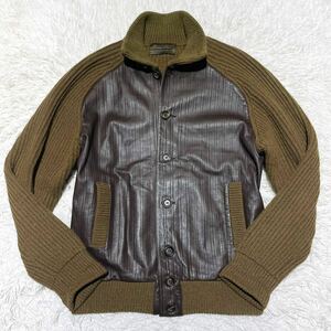 【超希少 カシミヤ100%】エルメネジルドゼニア Ermenegildo Zegna レザー ニット ジャケット XLサイズ 切替 柔質 牛革 ストレッチ ブラウン