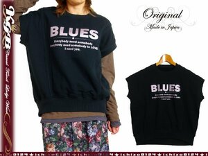 スウェット 半袖 裏毛 レディース 日本製 オリジナル パールプリント BLUES 黒 M～L ブラック×ピンク 新品