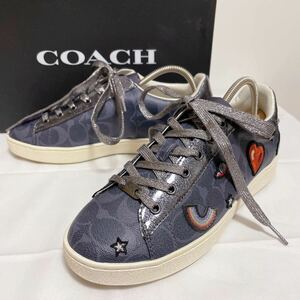 和50★箱付き COACH コーチ シグネチャー スニーカー PVC DENIM FG2120 ワッペン US 8B 約24.5 レディース ネイビー シューズ