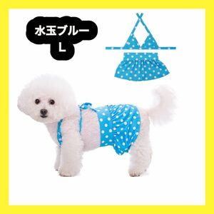 1点のみ！！犬服 水着 水泳着 犬猫用 水玉模様 ペットビキニ ブルー L