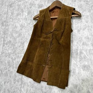 LL @ イタリア製 '極上レザー使用'『SOUARE』本革 SUEDE LETHER ノースリーブ ベスト 着心地抜群 メンズ 紳士服 トップス 古着 BROWN