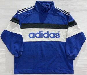 3892《adidas アディダス》90'S デサント製 ビッグロゴプリント スウェット トレーナー ブルー×グレー×ブラック M-L