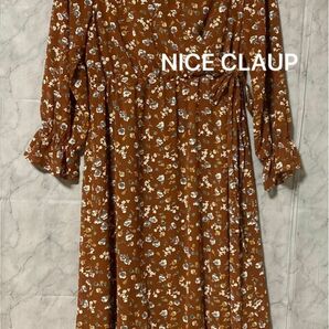 美品　NICE CLAUP 花柄　シフォン　ロングワンピース　腰リボン　フリーサイズ