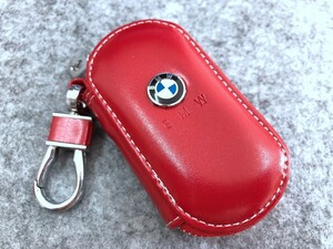 BMW キーケース スマートキー ラウンドファスナー シュリンクレザーキーケース　鍵　収納 軽量 レッド