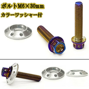 M6 30mm P1.0 フランジ付六角ボルト カラーワッシャー フジツボ 座面枠付 20mm ナンバー フェンダー 車 バイク 焼きチタン×シルバー