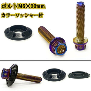 M6 30mm P1.0 フランジ付六角ボルト カラーワッシャー フジツボ 座面枠付 20mm ナンバー フェンダー 車 バイク 焼きチタン×ブラック