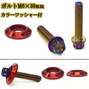 M6 30mm P1.0 フランジ付六角ボルト カラーワッシャー フジツボ 座面枠付 20mm ナンバー フェンダー 車 バイク 焼きチタン×レッド