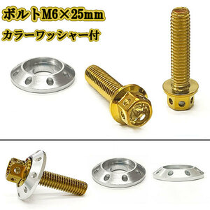 M6 25mm P1.0 フランジ付六角ボルト カラーワッシャー フジツボ 座面枠付 20mm ナンバー フェンダー 車 バイク ゴールド×シルバー