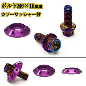 M6 15mm P1.0 フランジ付六角ボルト カラーワッシャー フジツボ 座面枠付 20mm ナンバー フェンダー 車 バイク 焼きチタン×パープル