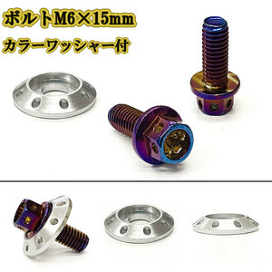 M6 15mm P1.0 フランジ付六角ボルト カラーワッシャー フジツボ 座面枠付 20mm ナンバー フェンダー 車 バイク 焼きチタン×シルバー