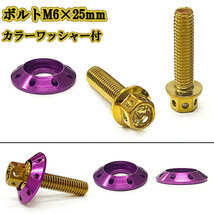 M6 25mm P1.0 フランジ付六角ボルト カラーワッシャー フジツボ 座面枠付 20mm ナンバー フェンダー 車 バイク ゴールド×パープル_画像1