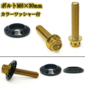 M6 30mm P1.0 フランジ付六角ボルト カラーワッシャー フジツボ 座面枠付 20mm ナンバー フェンダー 車 バイク ゴールド×ブラック