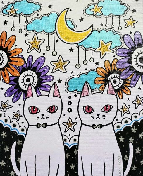 ☆原画・額なし☆手描きイラスト 2匹の猫②／アクリル絵の具 ペン