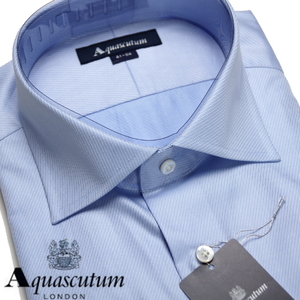 【新品】定価2.6万 アクアスキュータム Aquascutum《ワイドカラー》上品艶感 サージ ドレス ビジネス 長袖シャツ 41-84 サックス 日本製