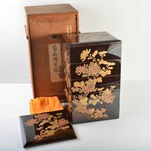 輪島塗　漆塗　菊蒔絵　五段重箱　時代箱付　IRBG_画像3