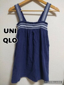 USED ユニクロ タンクトップ チュニック　ネイビー L 紺色 UNIQLO Aライン エスニック 刺繍 フレア 体型カバー チロリアン