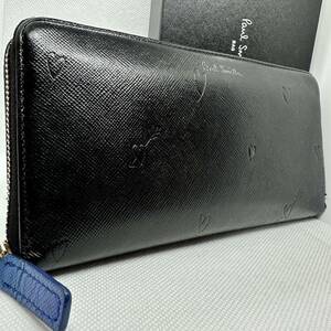 １円 美品 ポールスミス Paul Smith 長財布 ラウンドファスナー マルチストライプ 黒 金ロゴ レザー メンズ レディース スミシーハート