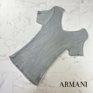 美品 ARMANI COLLEZIONI アルマーニコレツォーニ リブ コットン100% Vネック半袖ニットセーター レディース グレー サイズL*JC303