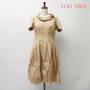 美品 YUKI TORII ユキトリイ ベルト付 デザインタック 半袖フレアワンピース 膝丈 裏地あり レディース ベージュ サイズ40*JC291