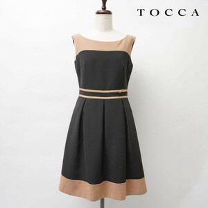 美品 TOCCA トッカ ウエストリボン プリーツフレアワンピース ノースリーブ 膝丈 裏地あり レディース 黒 ベージュ サイズ4*JC286