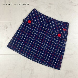 美品 MARC JACOBS マークジェイコブス ウィンドーペーンチェック ウール100% 台形スカート ミニ丈 裏地あり 紺 ネイビー サイズ2*JC808