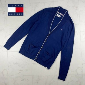 美品 TOMMY HILFIGER トミーヒルフィガー リブデザインニットカーディガン トップス メンズ 紺 ネイビー サイズS*JC738