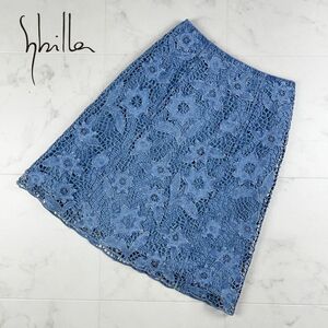 新品未使用 Sybilla シビラ デニムレースフレアスカート 花刺繍 膝丈 裏地 青 ブルー サイズM*JC864