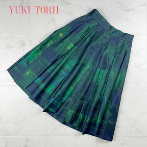 美品 YUKI TORII ユキトリイ ビッグプリーツフレアスカート 膝丈 裏地あり 緑 グリーン サイズ38*JC879