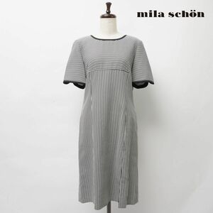 美品 mila schon ミラ・ショーン ボーダー 半袖膝丈ワンピース 裏地あり レディース 白黒 サイズ42*JC395