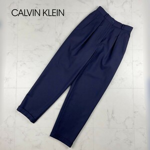 美品 Calvin Klein カルバンクライン タック テーパードパンツ 裏地あり ボトムス レディース 紺 ネイビー サイズ9*JC152