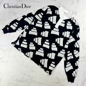 美品 Christian Dior クリスチャンディオール 総柄 長袖ポロシャツ カットソー トップス レディース 黒 ブラック サイズL*JC342