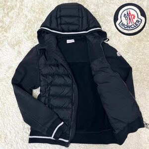 超希少!! モンクレール MONCLER MAGLIA ダウンジャケット パーカー スウェット フード 切替 ライン キルティング ナイロン ブラック 黒 S