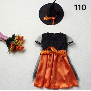 ハロウィン コスプレ 子供 ワンピース 帽子セット 女の子 110㎝ オレンジ 仮装