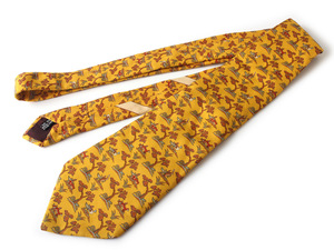 N12269 美品 Salvatore Ferragamo サルヴァトーレフェラガモ ネクタイ カモ 鳥 鴨 総柄 シルク100% イタリア製 イエロー系 黄 スーツ