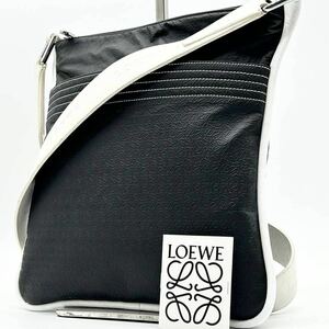 1円●高級●LOEWE ロエベ ショルダーバッグ メッセンジャー サコッシュ リピート アナグラム 総柄 斜め掛け可 レザー PVC メンズ ブラック