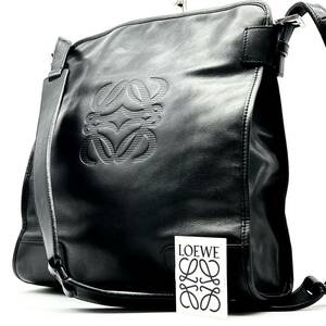 1円●極美品●LOEWE ロエベ 特大 アナグラム ショルダーバッグ メッセンジャーバッグ 鞄 かばん ビジネス レザー A4 斜め掛け可 メンズ 黒 