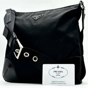 1円●高級●PRADA プラダ ショルダーバッグ メッセンジャー サコッシュ 三角ロゴ プレート レザー ナイロン 斜め掛け可 メンズ 黒 ブラック