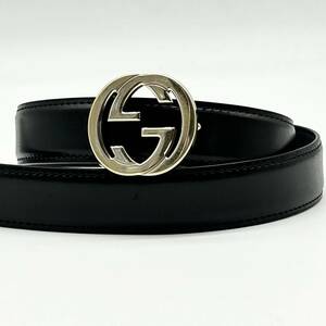 1円●高級●GUCCI グッチ インターロッキング GG ベルト 小物 革 レザー ゴールド金具 デカロゴ レディース メンズ 黒 ブラック