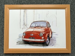 ■BOW。池田和弘『Fiat 500』B5サイズ 額入り 貴重イラスト 印刷物 ポスター風デザイン 額装品 アートフレーム 旧車