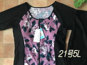 新品◆袖あり袖付き・フィットネス水着・21号LL・花・ピンクパープル×黒