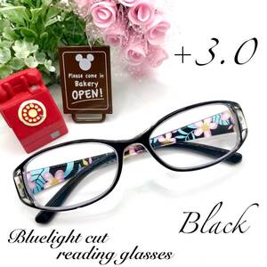 老眼鏡　+３．０　ブラック　シニアグラス　リーディンググラス　ブルーライトカット　UVカット　おしゃれかわいい花模様