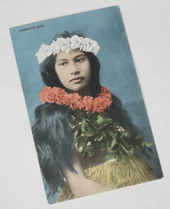 戦前 絵葉書 ハワイ HAWAIIAN GIRL レイをまとった女の子 彩色 アメリカ 少女 女性 美女 色刷り 古写真 ビンテージ アンティーク 海外