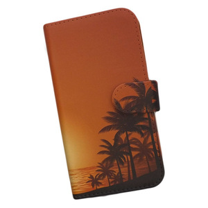 iPhone15 Plus　スマホケース 手帳型 プリントケース 夕日 鳥 ヤシの木 南国 風景 海