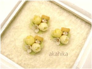 akahika*樹脂粘土花パーツ*ちびくまブーケ・カップ咲薔薇・イエロー