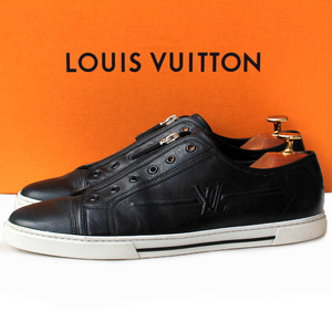 靴ひも付き★LOUIS VUITTON ルイヴィトン★フロントジップスニーカー 7.5=26.5 GO 0019 レザースニーカー イタリア製 メンズ ブラック i487