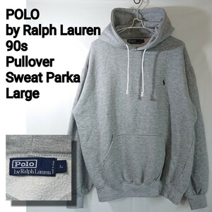 【90s位】POLO by Ralph Lauren/プルオーバースウェットパーカー/紺タグ/綿100%/裏起毛/ポロバイラルフローレン/杢グレー