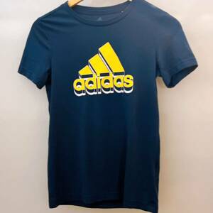 【美品】adidas アディダス ストレッチ Tシャツ グレー イエロー ロゴドン キッズ 150 レディースS 半袖 スポーツ スミクロ