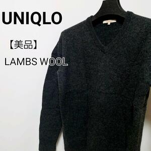 【美品】ユニクロ　高級ウール　羊毛　PURE NEW WOOL　Vネックセーター　UNIQLO グレー　L　高級ウール