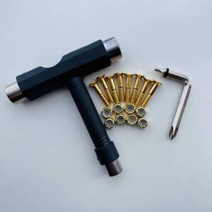 スケートボード Tツール+ゴールド 6角ヘッド 1インチ ビスセット Tレンチ 工具 組立 修理 黒色