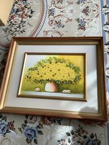  yellow flower oil painting amount attaching with translation autographed * secondhand goods * detailed . is do not understand 